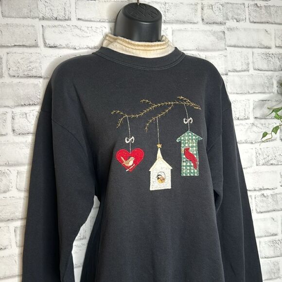 Vintage 90’s Valerie Folk Art Appliqué Winter Birds Sweatshirt Size Medium - Picture 2 of 5